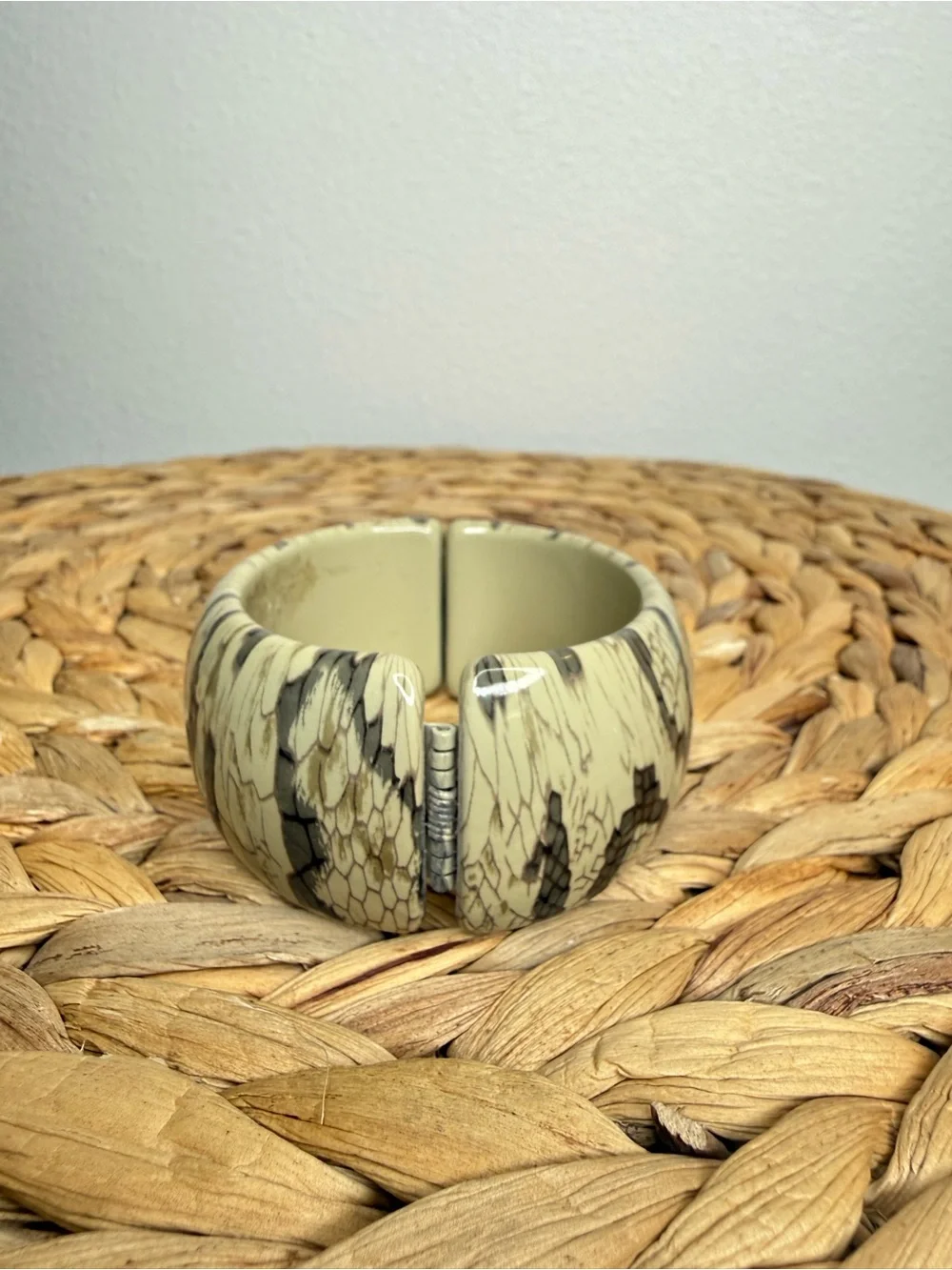 Vintage Kenneth Jay Lane Bangle Snake Python Print Cream Gray Patterned Bracelet